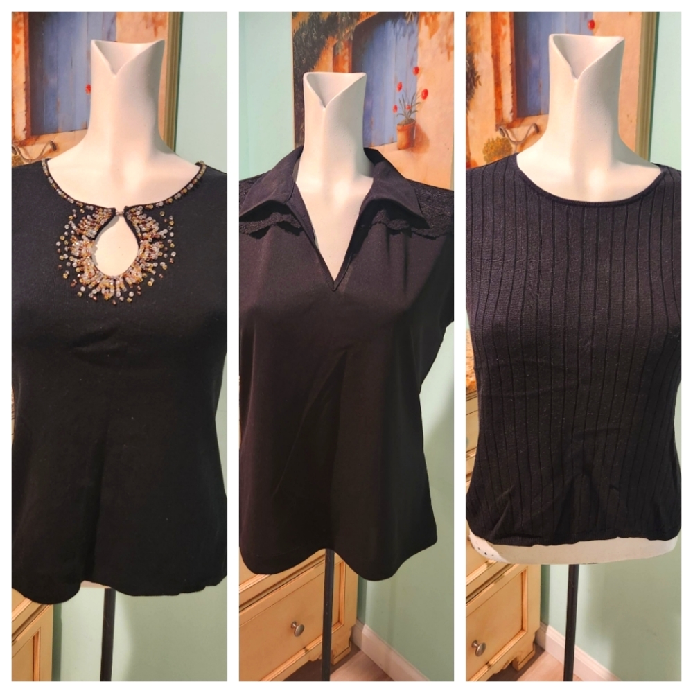 LOT of THREE Beautiful Black Tops All Size Petite Small 4-6
